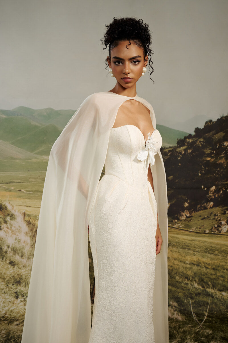 EVANGELINE STRAPLESS JACQUARD GOWN WITH CAPE - CULT MIA