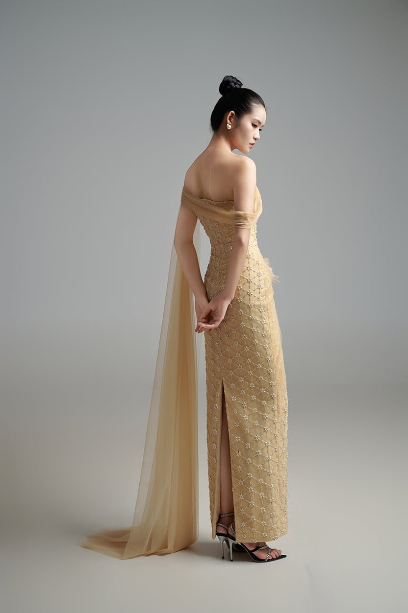 LIGHT TAN CRYSTAL MAXI DRESS - CULT MIA
