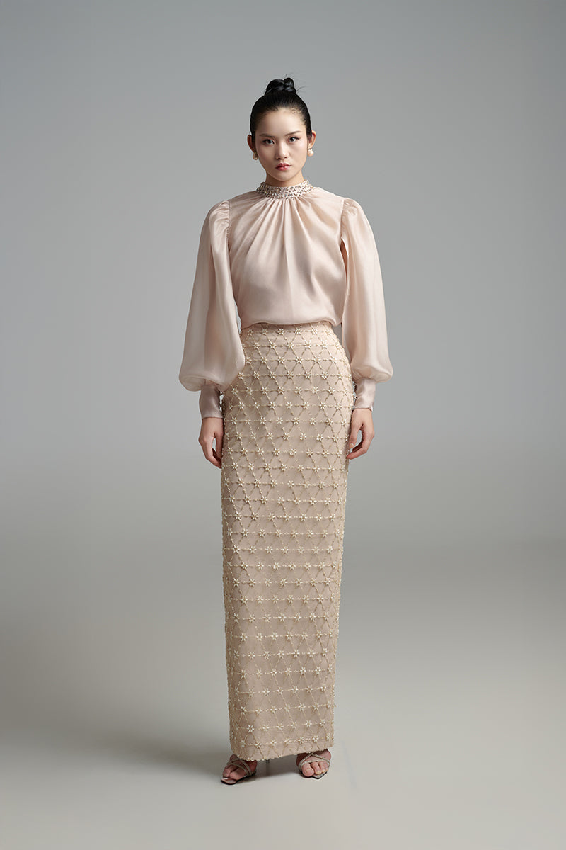 BEIGE LONG-SLEEVE WITH PEARL STONE DETAILS SET - CULT MIA