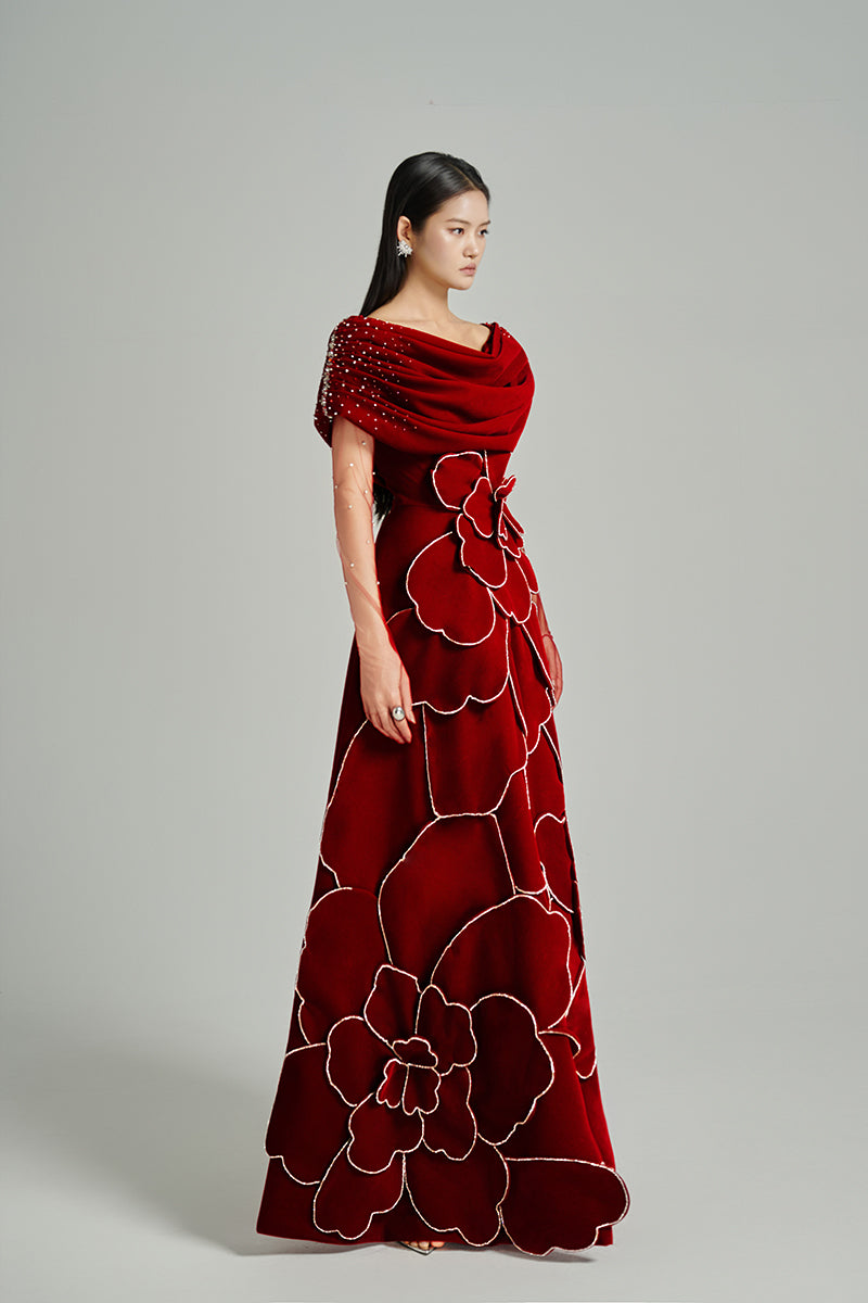 CULT MIA X HAPPY CLOTHING OFF-SHOULDER VELVET MAXI DRESS IN RED - CULT MIA