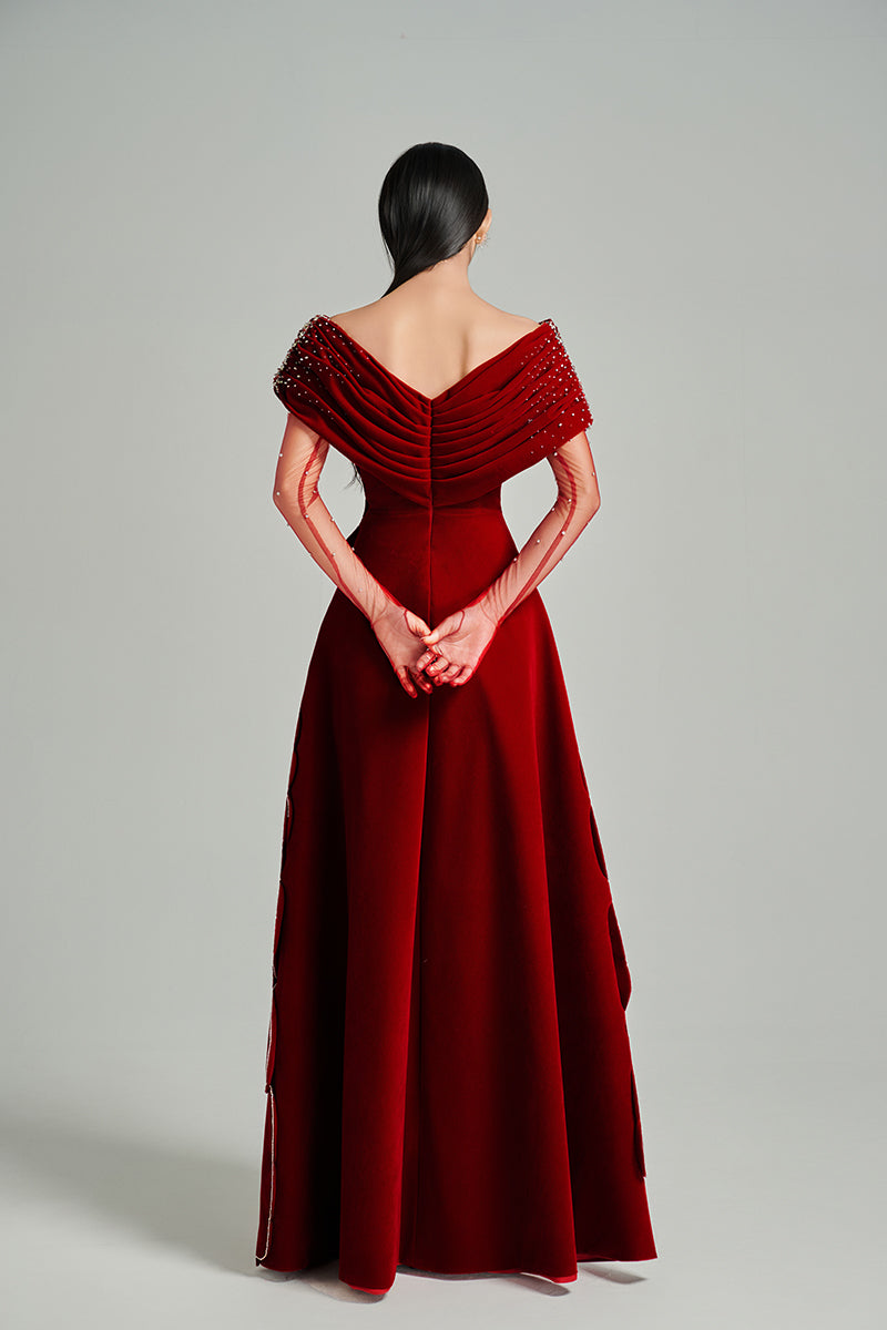 CULT MIA X HAPPY CLOTHING OFF-SHOULDER VELVET MAXI DRESS IN RED - CULT MIA