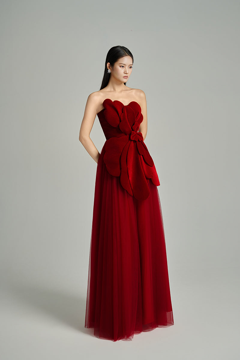 CULT MIA X HAPPY CLOTHING FLORAL VELVET AND ORGANZA MAXI DRESS IN RED - CULT MIA