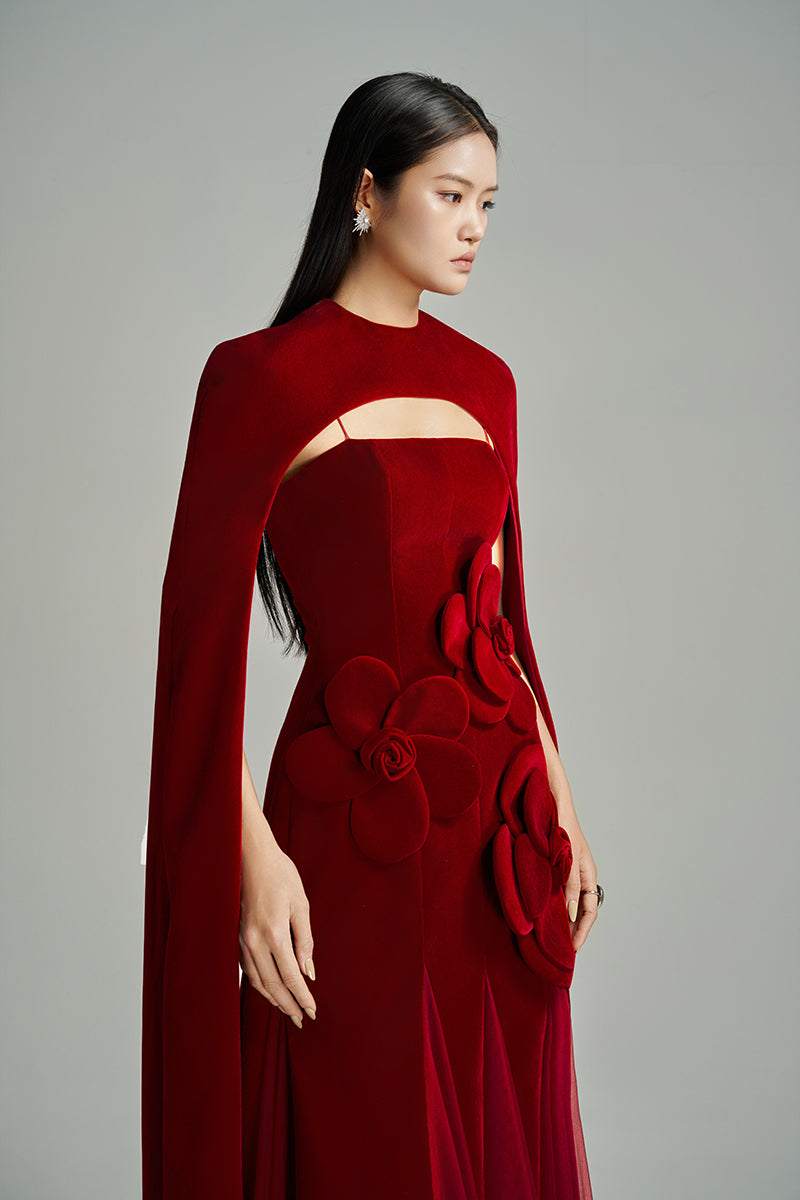 CULT MIA X HAPPY CLOTHING PRESTON CAPE VELVET PETAL MAXI DRESS IN RED - CULT MIA