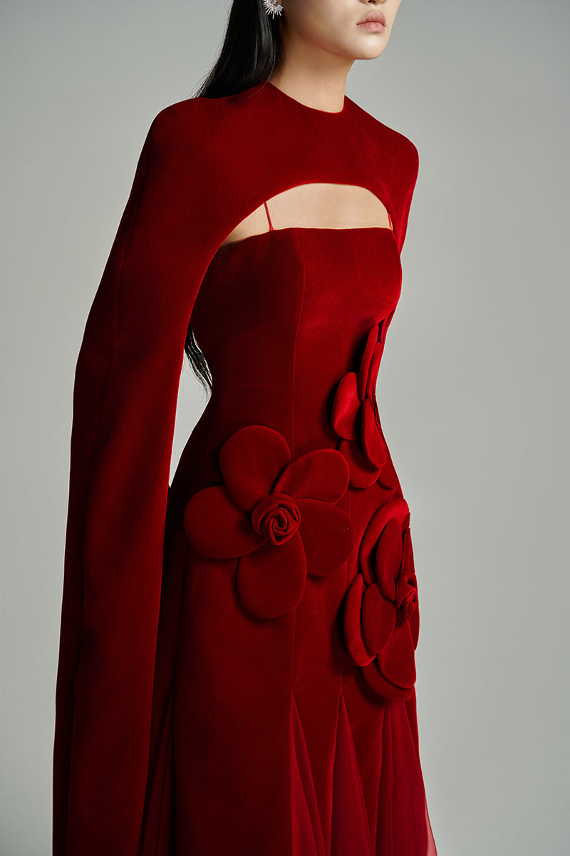 CULT MIA X HAPPY CLOTHING PRESTON CAPE VELVET PETAL MAXI DRESS IN RED - CULT MIA