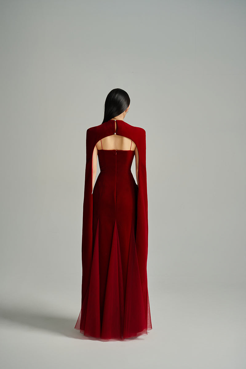CULT MIA X HAPPY CLOTHING PRESTON CAPE VELVET PETAL MAXI DRESS IN RED - CULT MIA