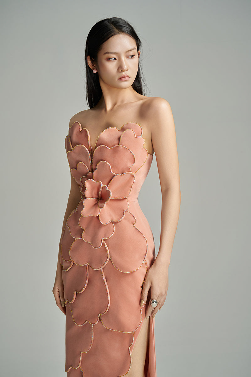 CULT MIA X HAPPY CLOTHING VELVET V-NECK PETAL STRAPLESS MAXI DRESS IN PINK - CULT MIA