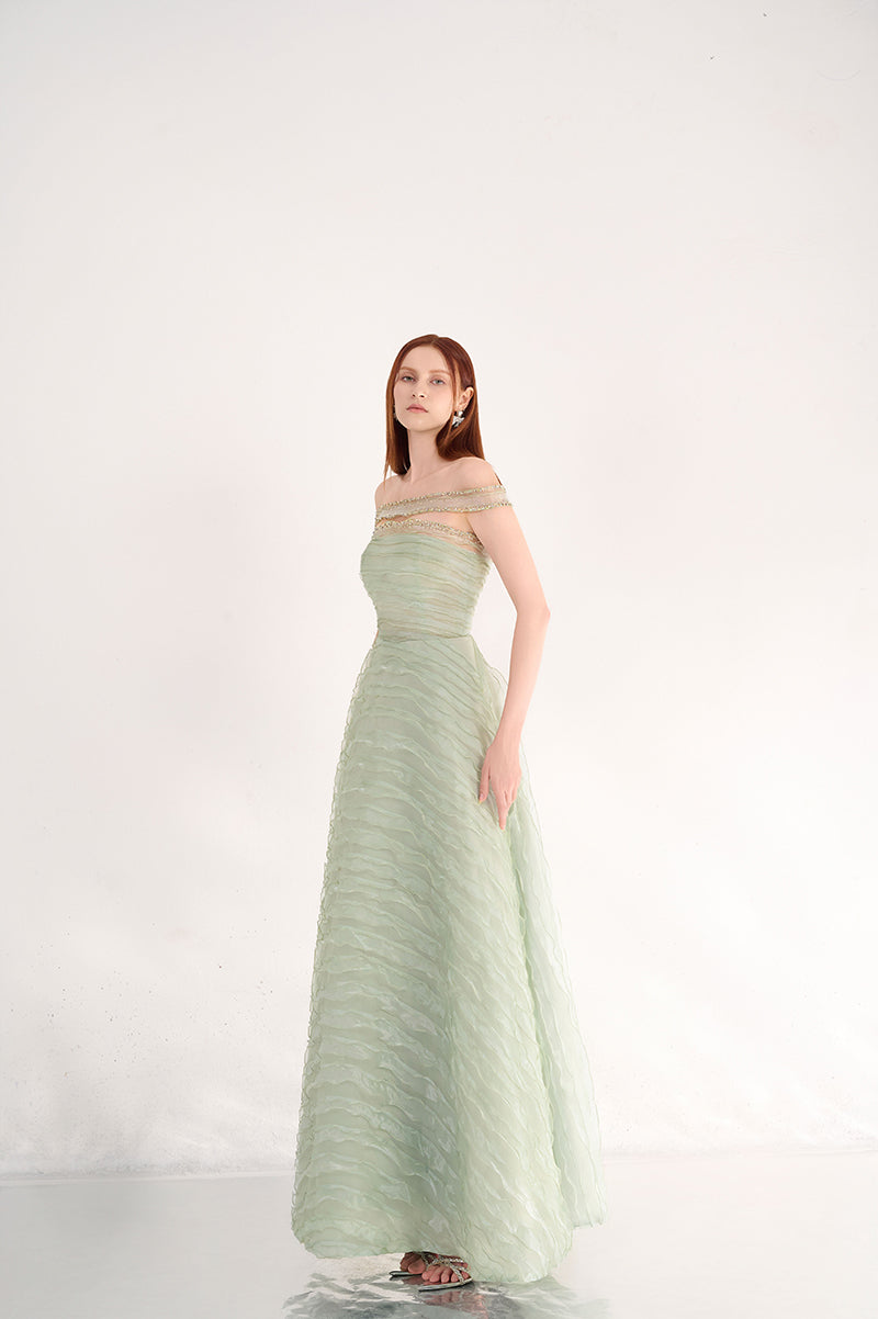 LIGHT MINT OFF SHOULDER ORGANZA MAXI DRESS - CULT MIA