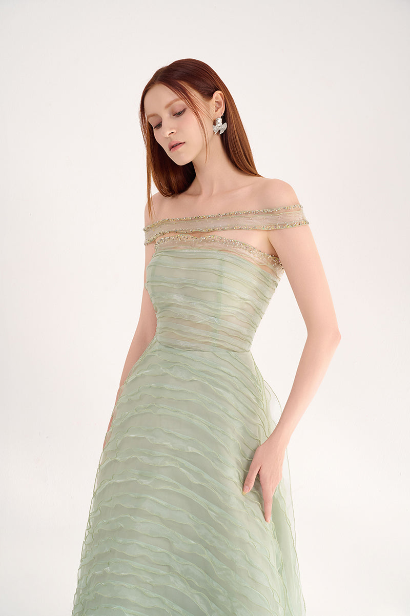 LIGHT MINT OFF SHOULDER ORGANZA MAXI DRESS - CULT MIA