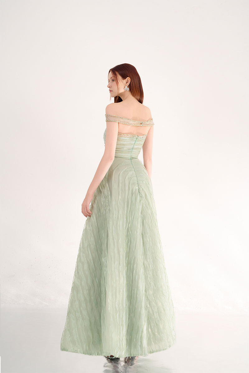 LIGHT MINT OFF SHOULDER ORGANZA MAXI DRESS - CULT MIA