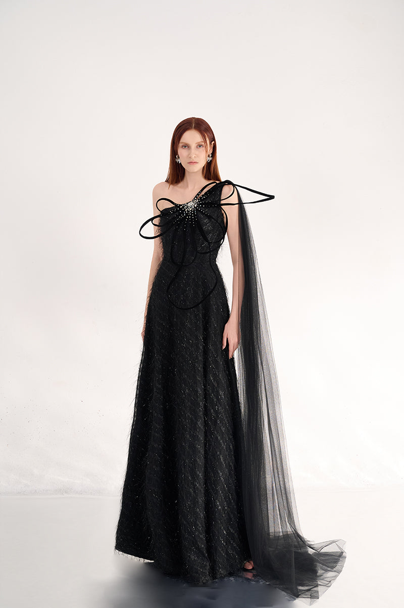 FLORAL ONE SHOULDER ORGANZA MAXI DRESS IN BLACK - CULT MIA