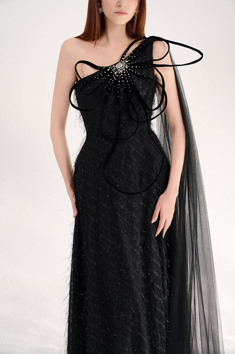 FLORAL ONE SHOULDER ORGANZA MAXI DRESS IN BLACK - CULT MIA