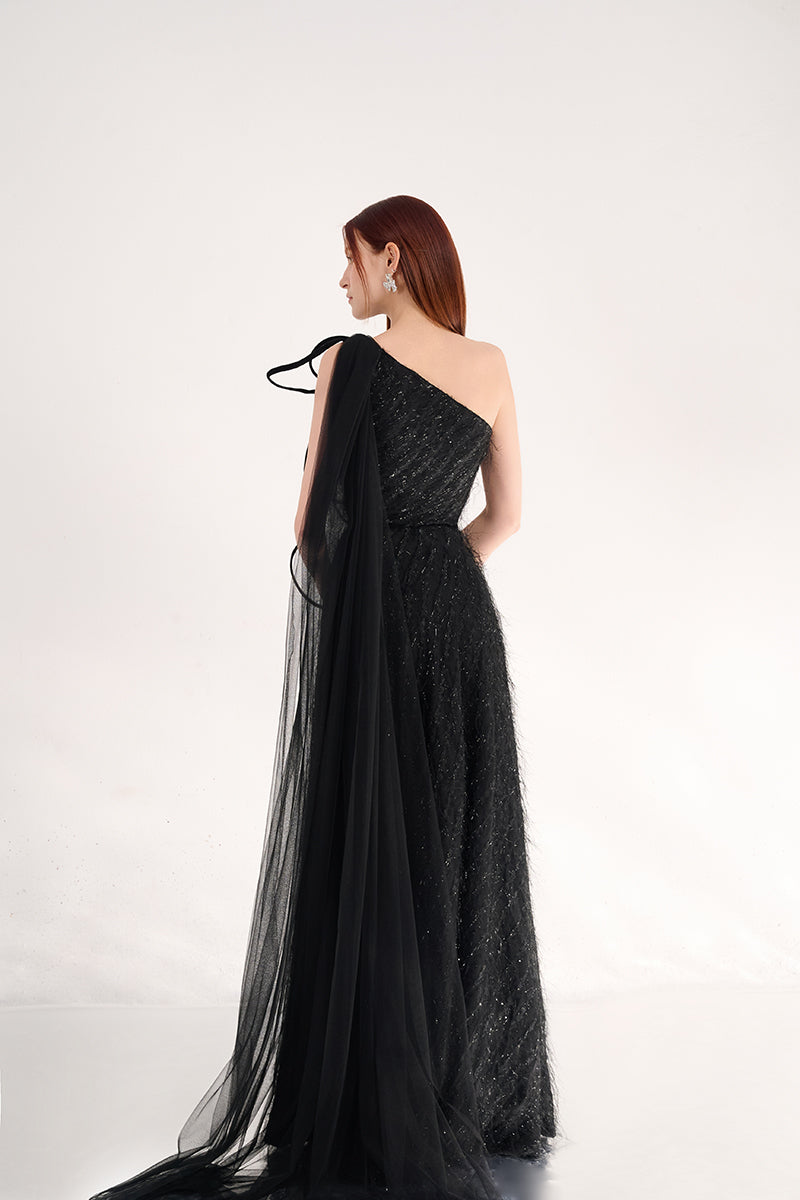 FLORAL ONE SHOULDER ORGANZA MAXI DRESS IN BLACK - CULT MIA