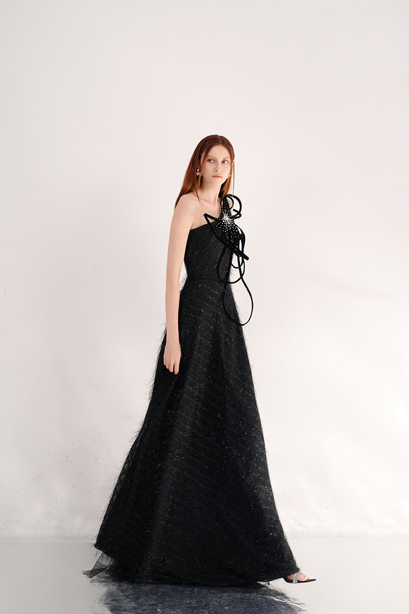 FLORAL ONE SHOULDER ORGANZA MAXI DRESS IN BLACK - CULT MIA