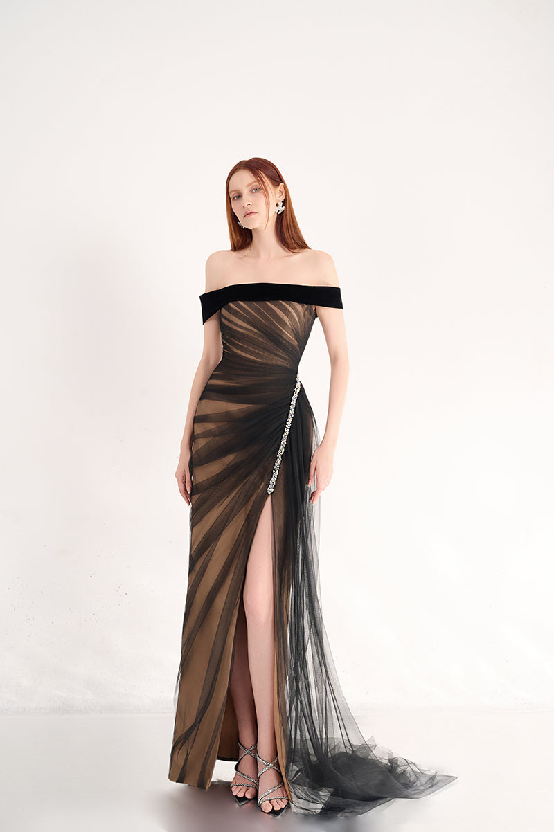 OFF SHOULDER ORGANZA MAXI DRESS IN BLACK - CULT MIA