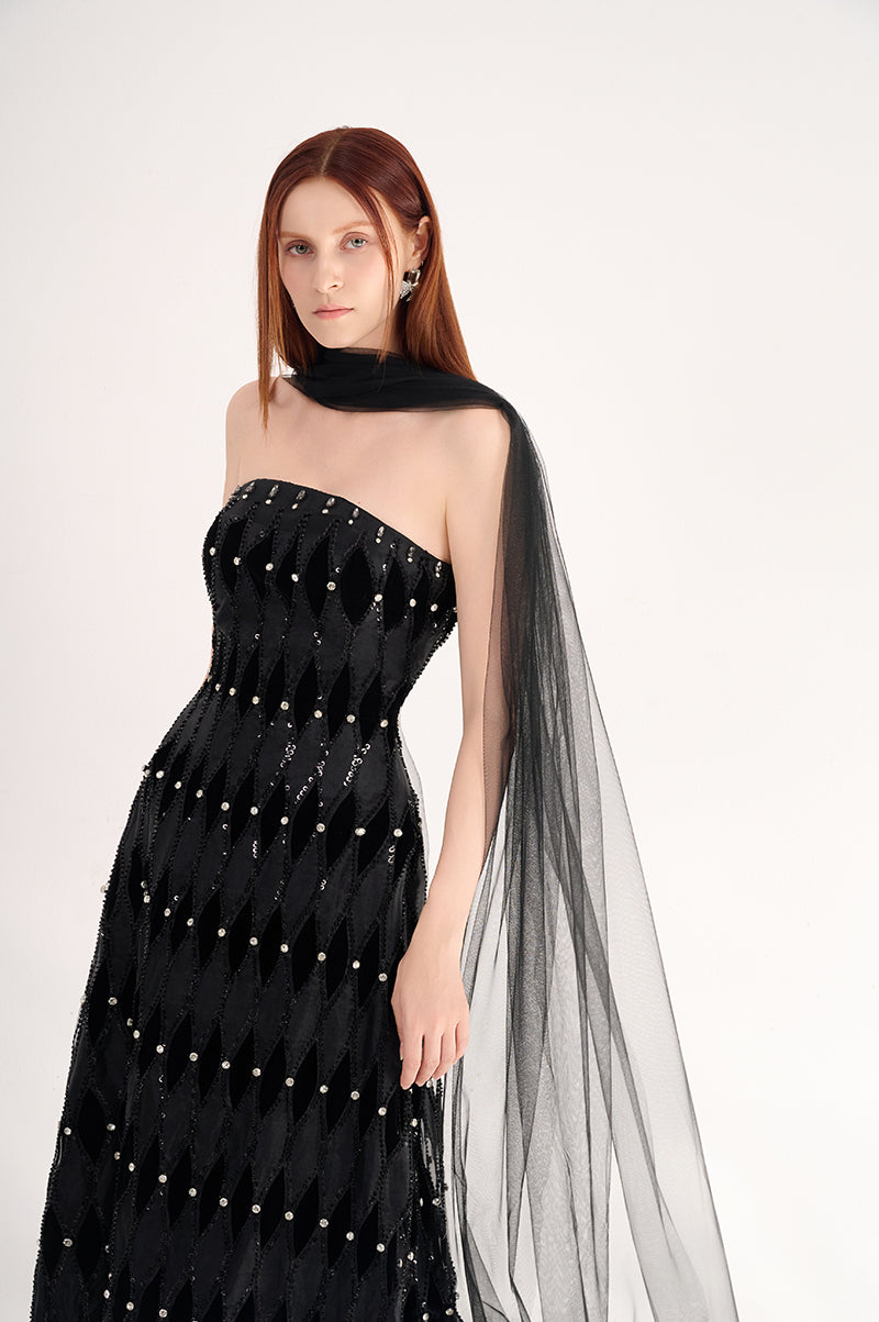 STRAPLESS STONE FLOOR LENGTH BLACK DRESS WITH SCARF DETAIL - CULT MIA