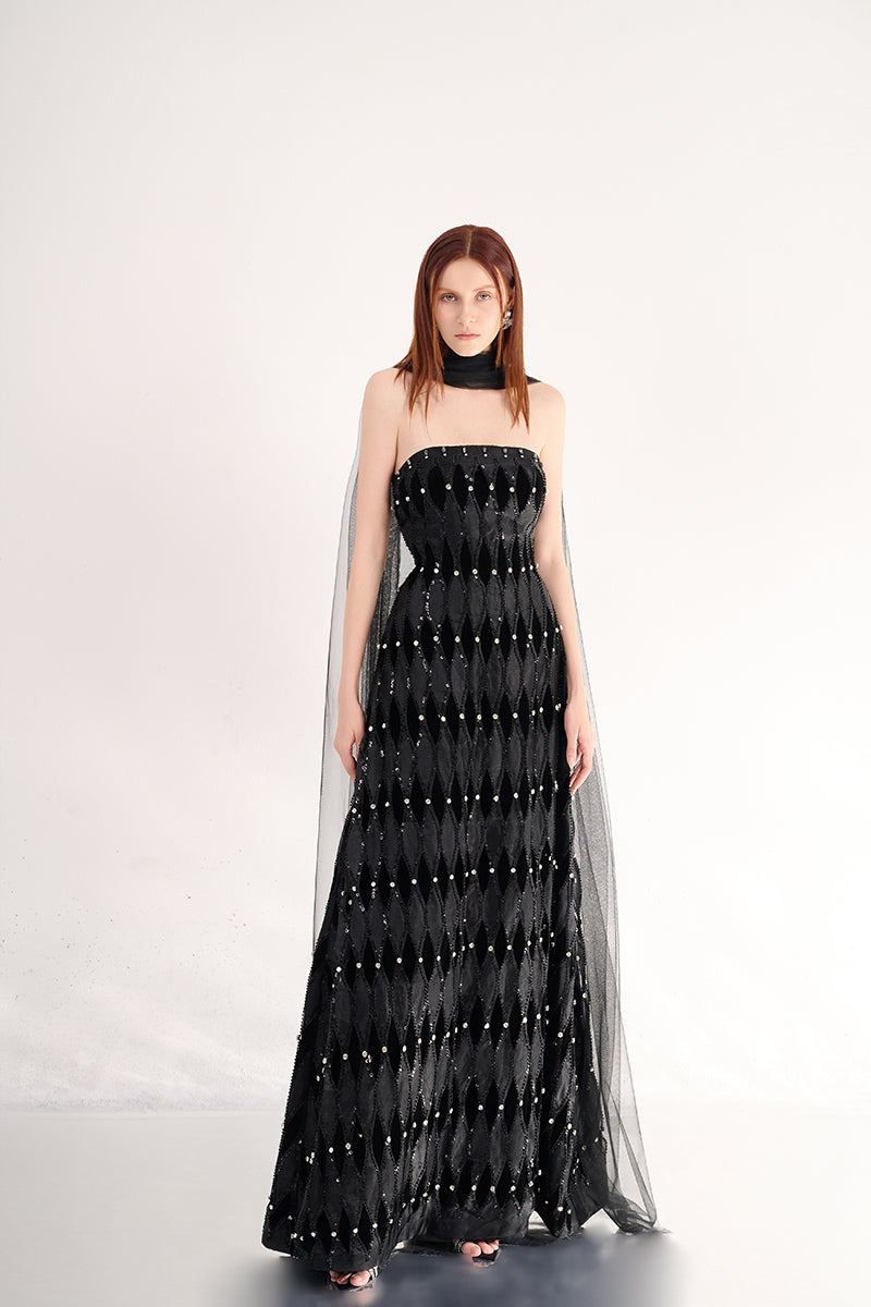 STRAPLESS STONE FLOOR LENGTH BLACK DRESS WITH SCARF DETAIL - CULT MIA