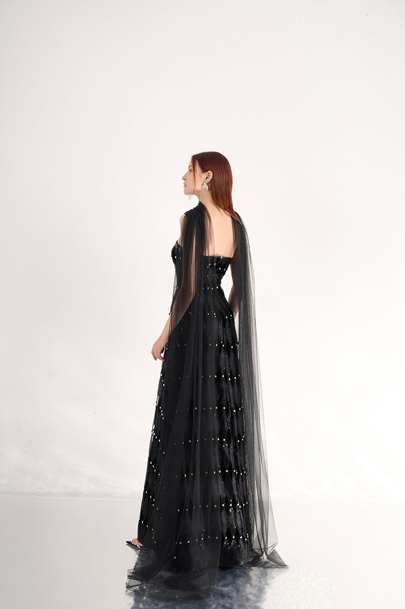 STRAPLESS STONE FLOOR LENGTH BLACK DRESS WITH SCARF DETAIL - CULT MIA