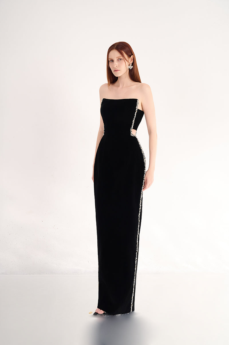BLACK VELVET BODY DRESS WITH STONE DETAILS - CULT MIA