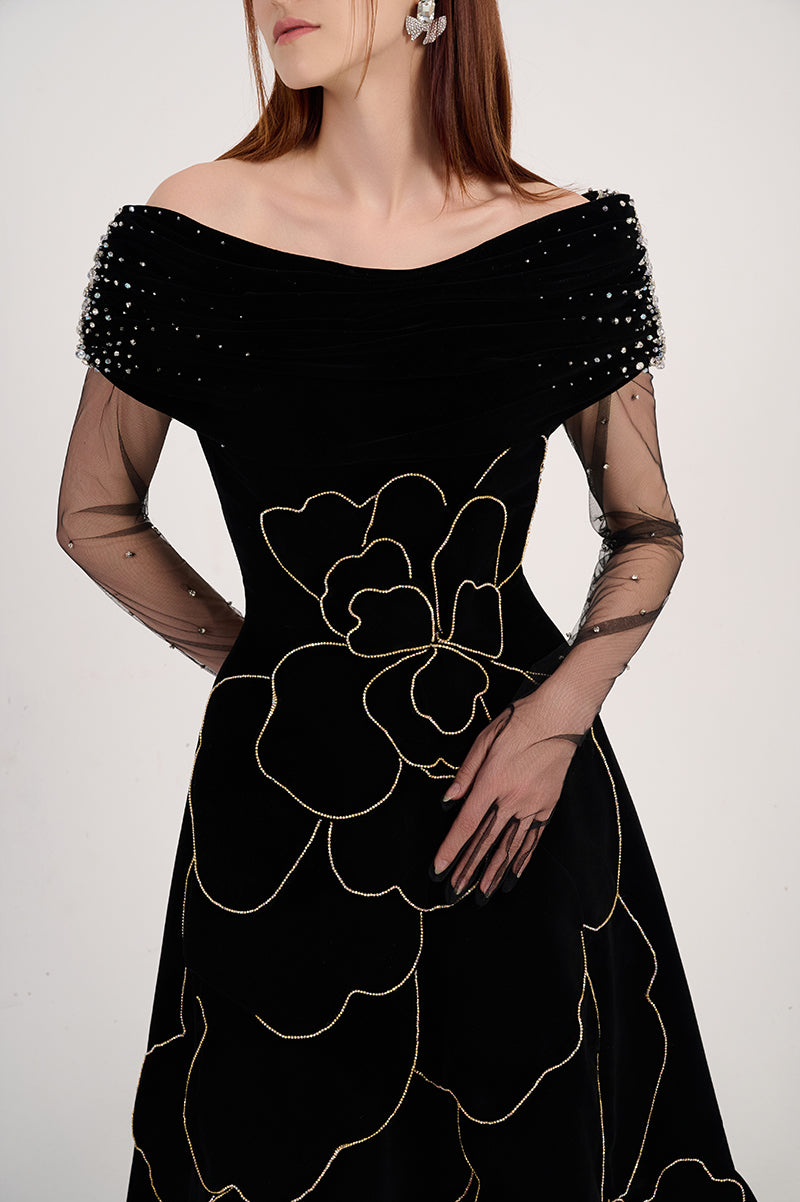 OFF-SHOULDER VELVET MAXI DRESS WITH FLORAL DETAILS - CULT MIA