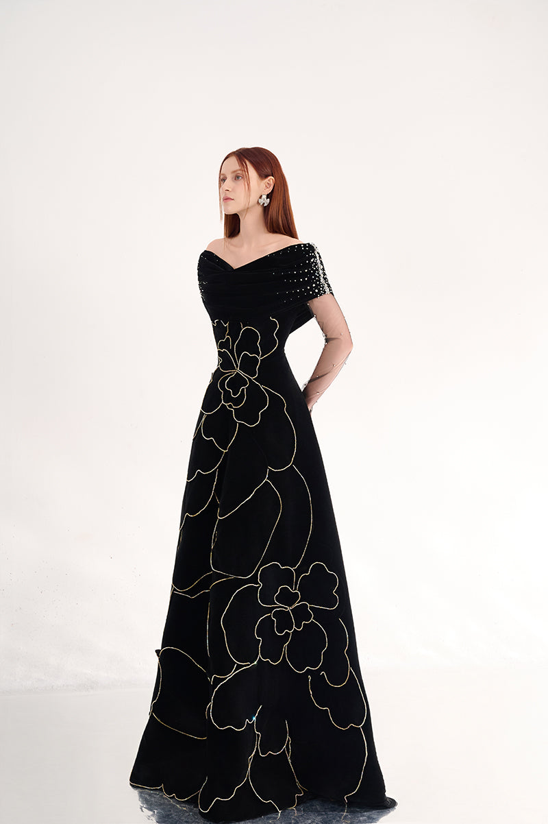 OFF-SHOULDER VELVET MAXI DRESS WITH FLORAL DETAILS - CULT MIA