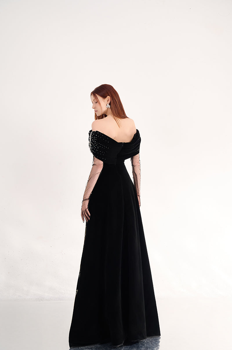OFF-SHOULDER VELVET MAXI DRESS WITH FLORAL DETAILS - CULT MIA