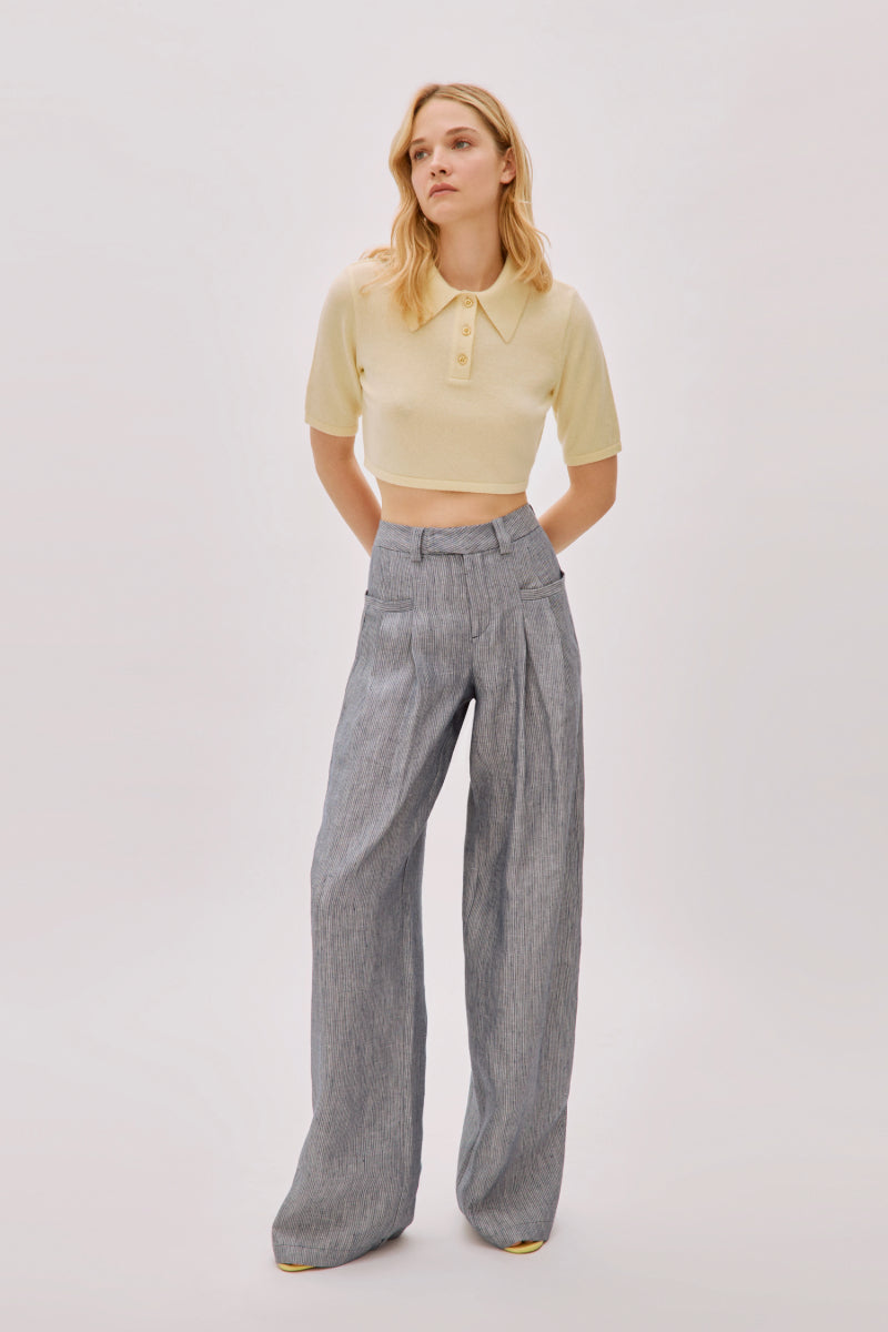 CANDICE NAVY LINEN-BLEND STRIPED PANTS - CULT MIA