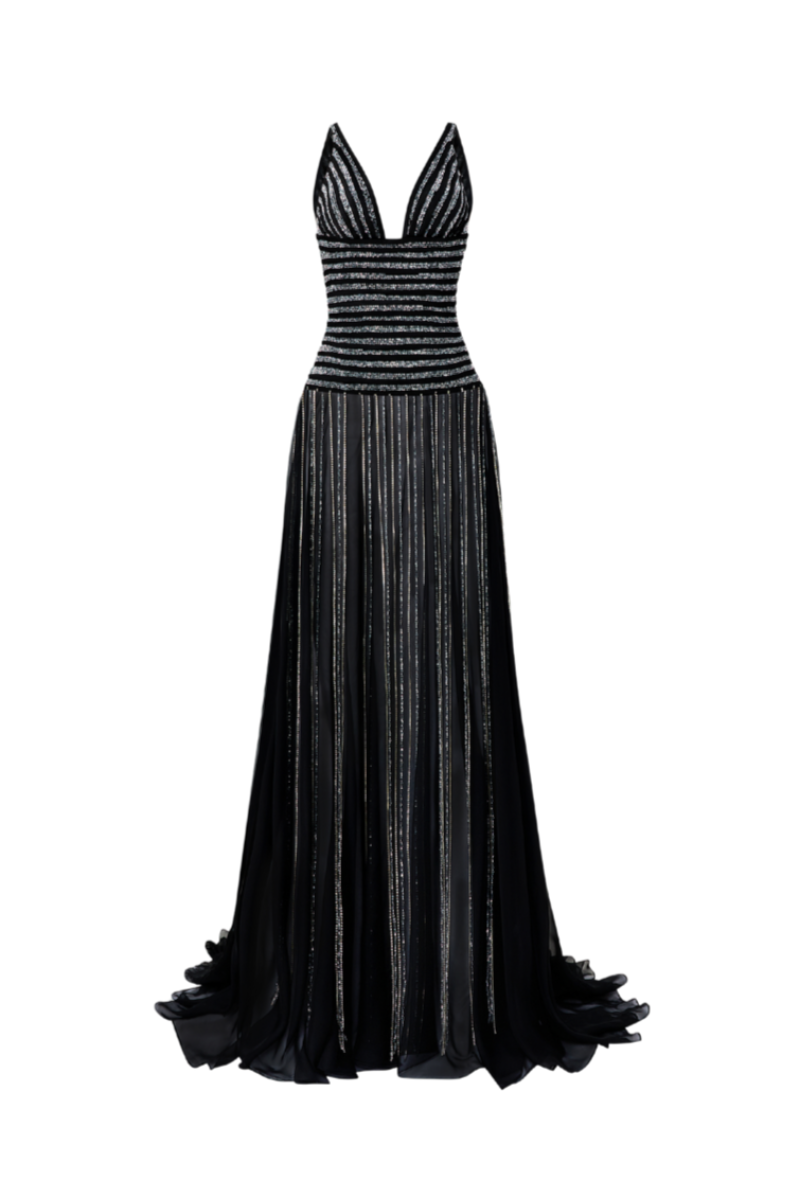STRIPED BEADED GOWNS IN BLACK | CULT MIA | CEM STRIPED BEADED GOWNS IN BLACK | CULT MIA | CEM