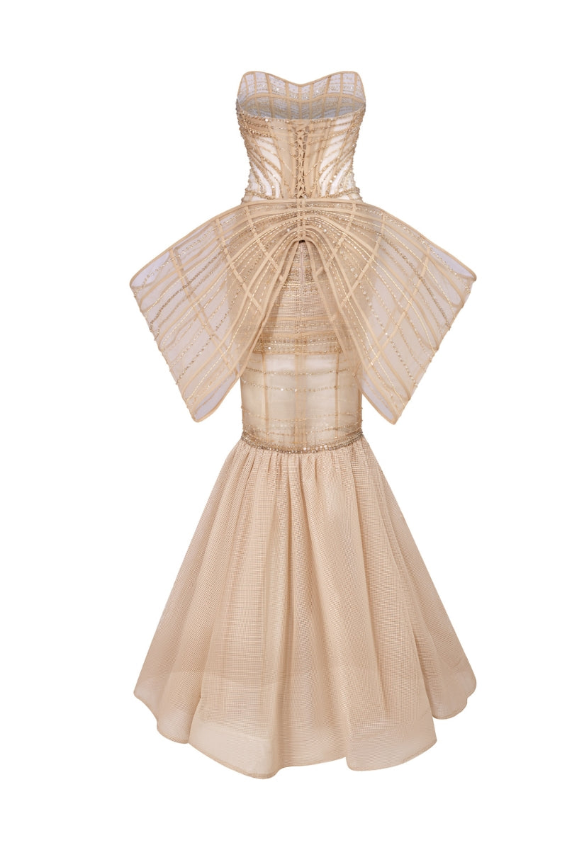 BEIGE CRYSTAL-EMBROIDERED TULLE MERMAID DRESS - CULT MIA