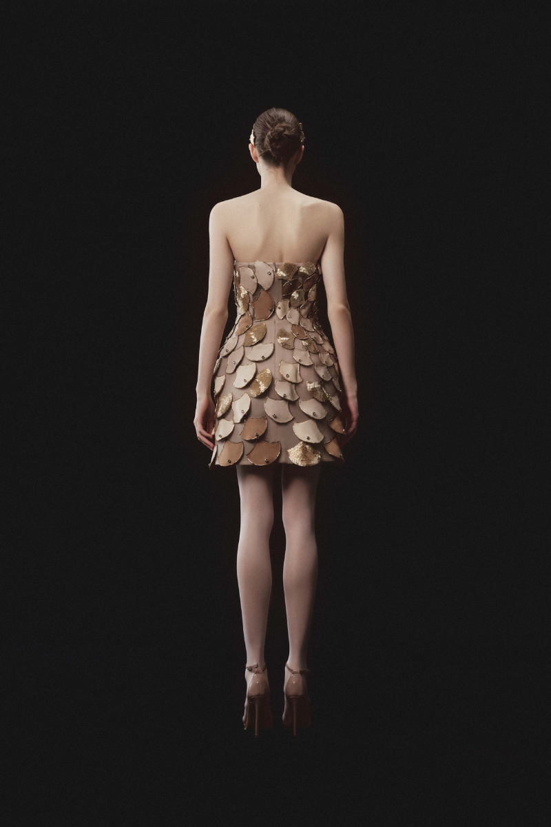RADICALLY SCALED SLEEVELESS BUSTIER DRESS IN BEIGE - CULT MIA