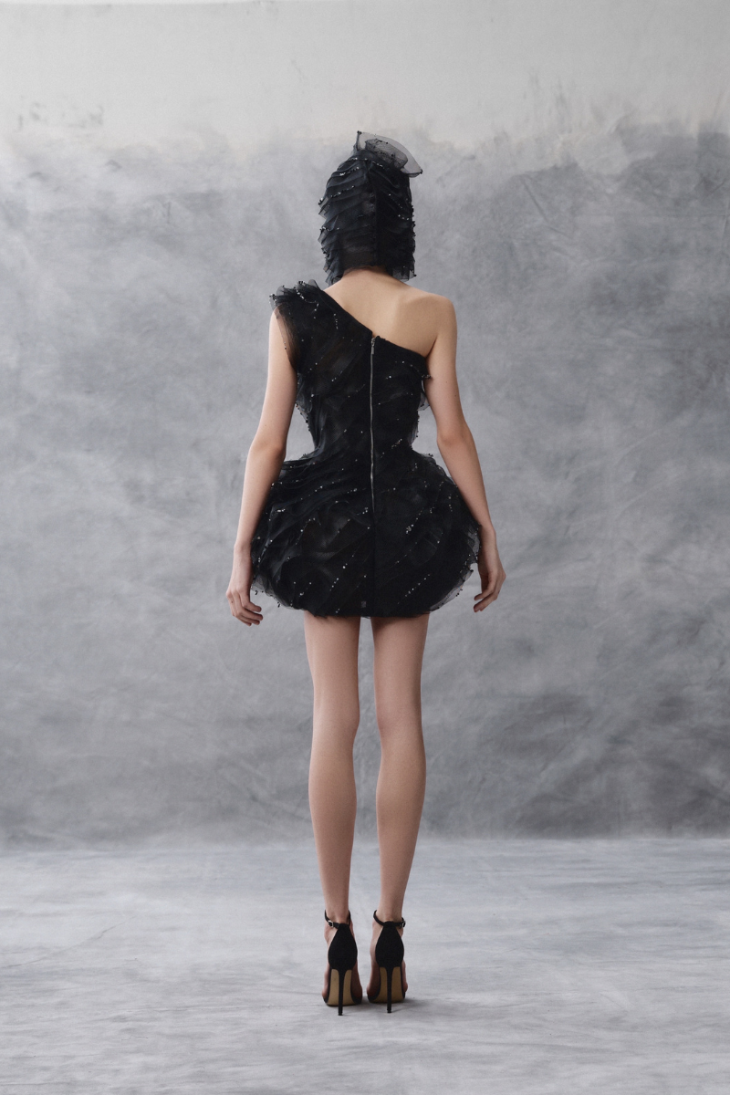ASYMMETRIC BALLOON BUSTIER DRESS IN BLACK - CULT MIA