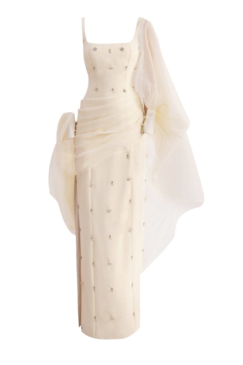 BEIGE STRAIGHT LONG DRESS WITH HEADSCARF | CULT MIA | HAPPY CLOTHING BEIGE STRAIGHT LONG DRESS WITH HEADSCARF | CULT MIA | HAPPY CLOTHING