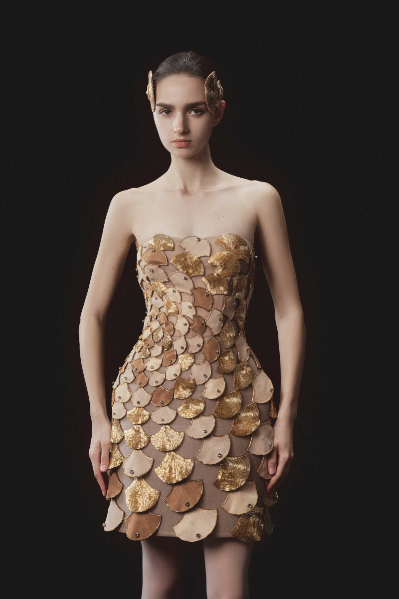 RADICALLY SCALED SLEEVELESS BUSTIER DRESS IN BEIGE - CULT MIA