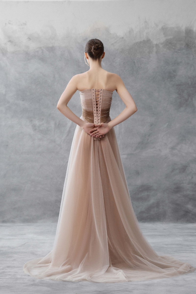 TULLE EMPIRE WAIST DRESS WITH DRAPING IN NUDE - CULT MIA