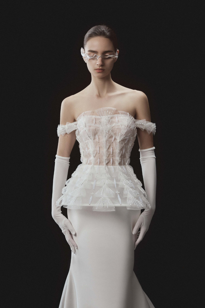 OFF-SHOULDER PEPLUM TRUMPET DRESS IN WHITE - CULT MIA