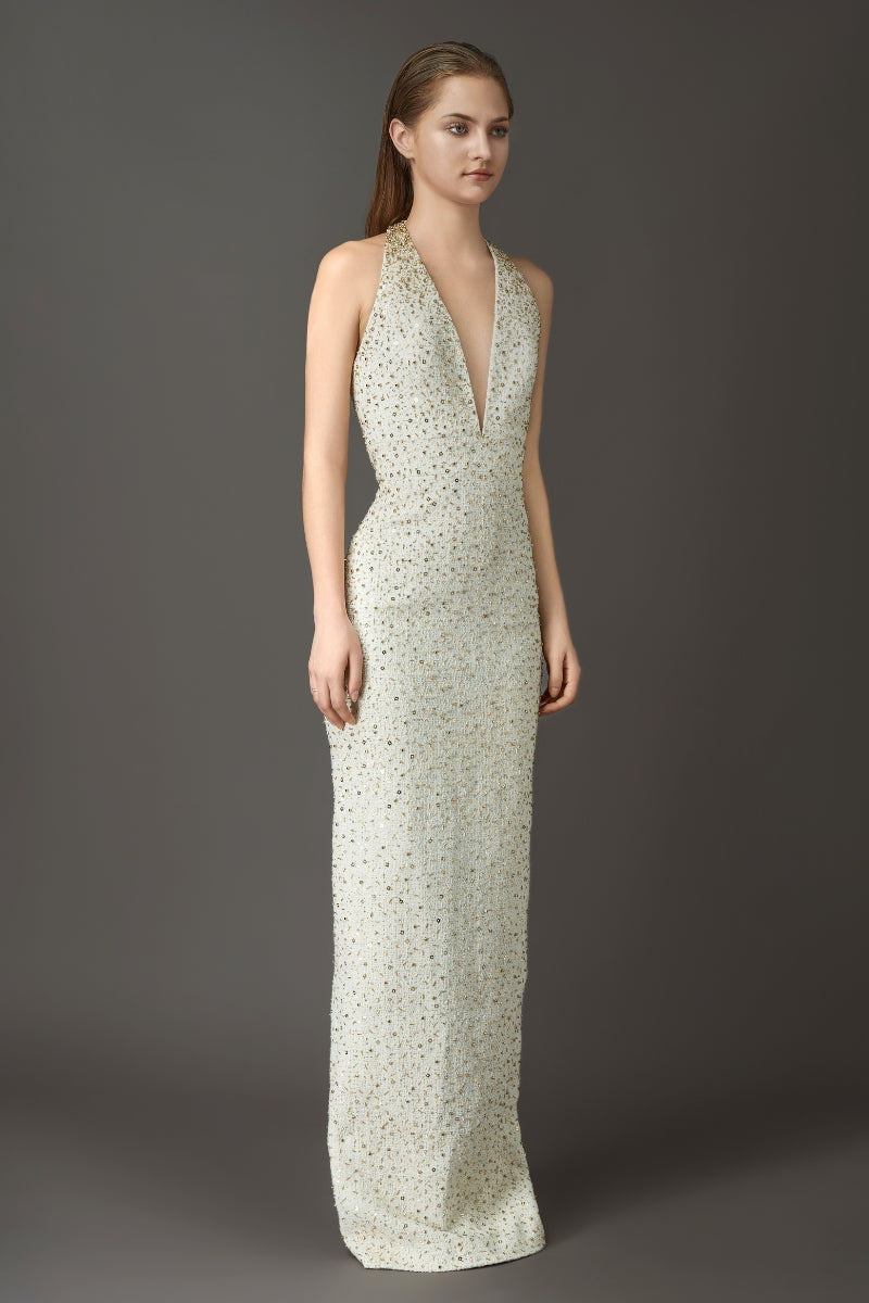 DEEP V-NECK ELEGANT DRESS WITH HAND EMBROIDERED GOLD SEQUINS - CULT MIA