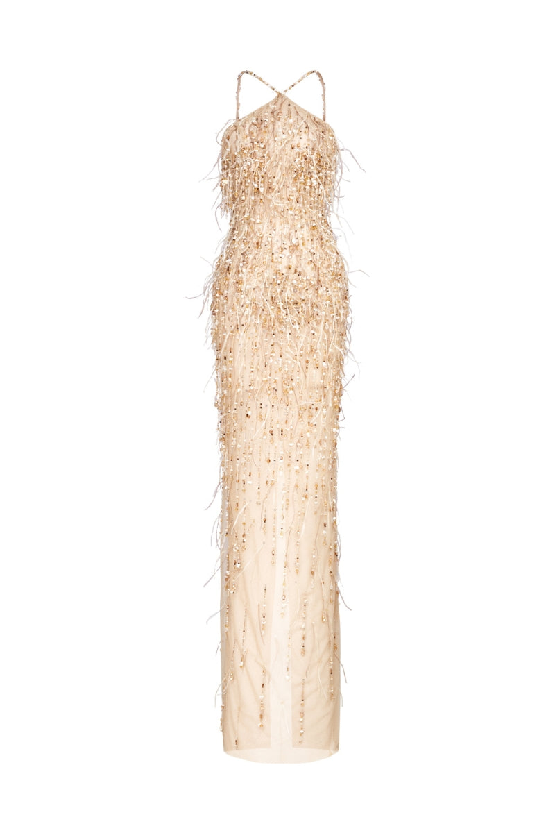 FEATHER & CRYSTAL-FRINGE EMBROIDERED HALTER DRESS - CULT MIA