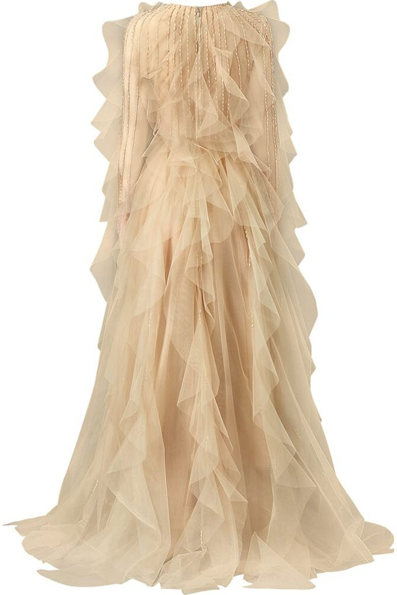 ETHEREAL RUFFLED TULLE GOWN WITH BEADED ELEGANCE - CULT MIA