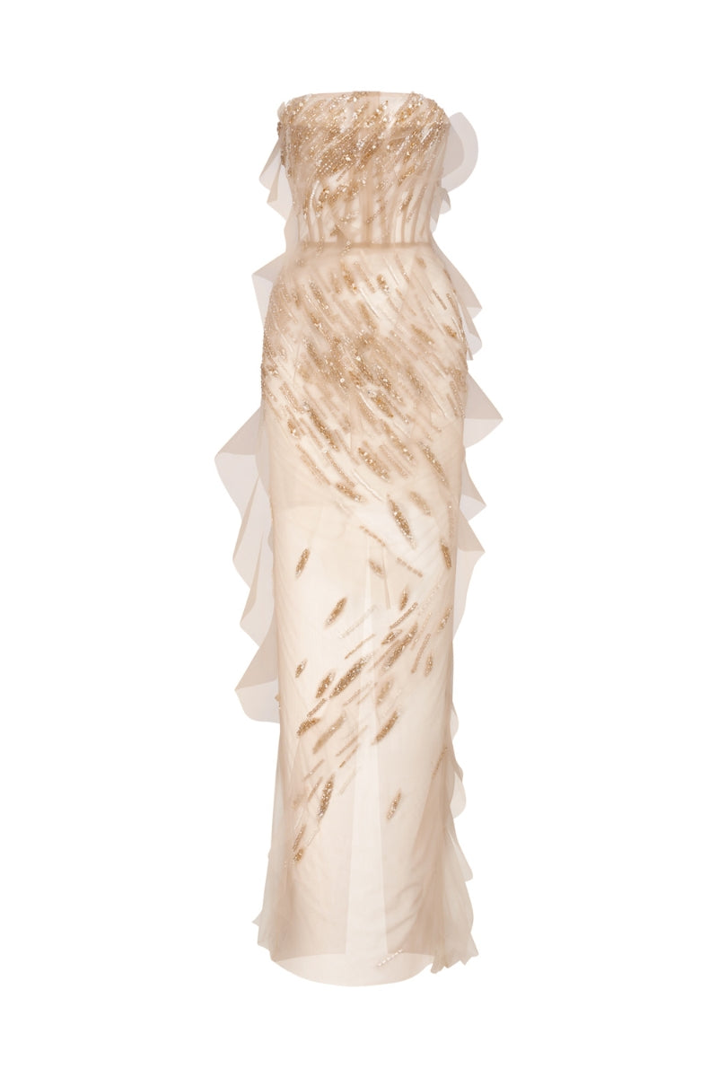 SHEER NUDE SILK DRESS WITH EMBROIDERED - CULT MIA