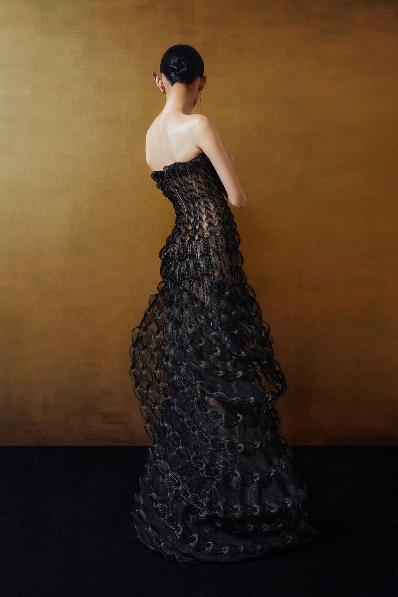 BLACK SHEER TULLE DRESS WITH 3D DETAILS - CULT MIA