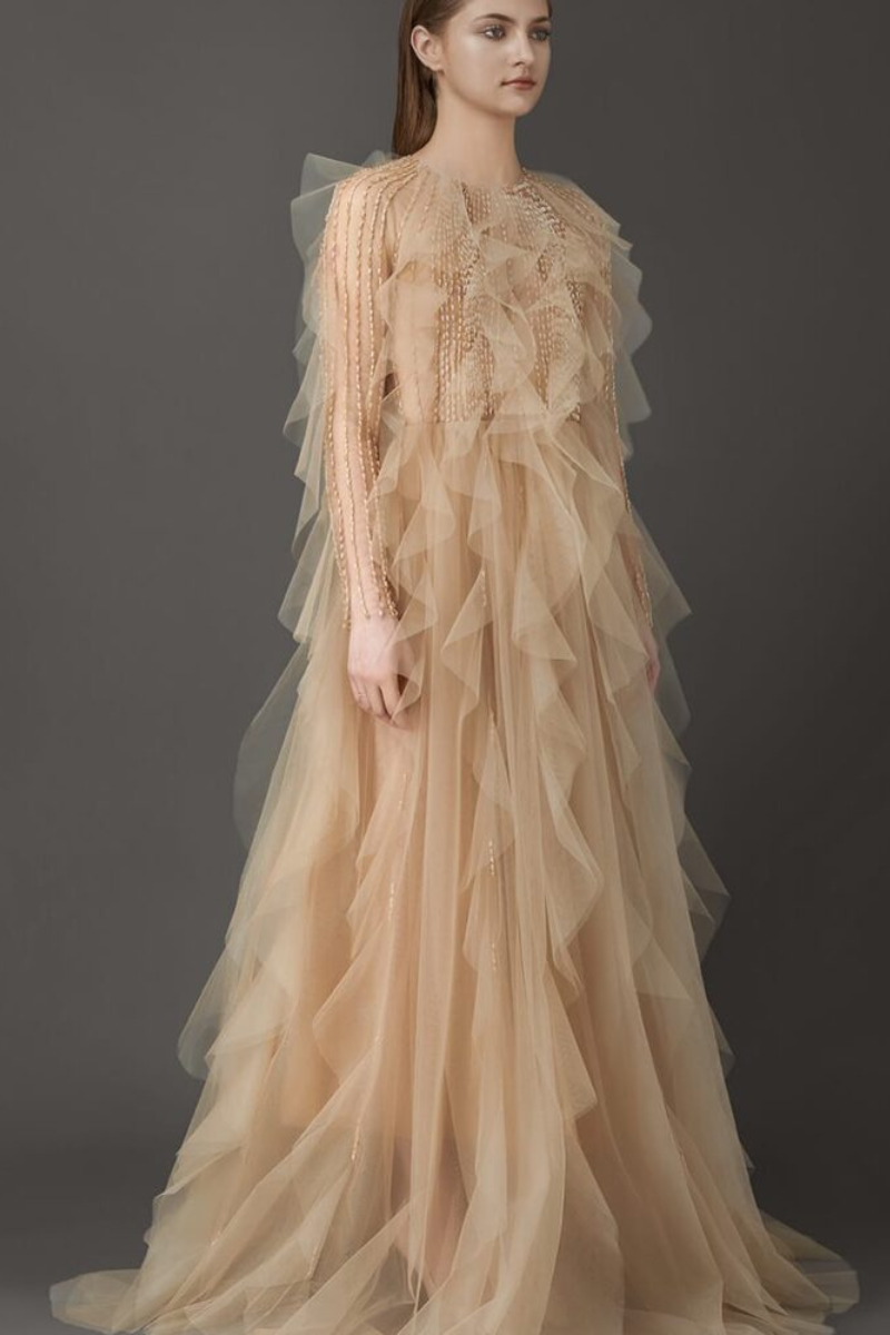ETHEREAL RUFFLED TULLE GOWN WITH BEADED ELEGANCE - CULT MIA
