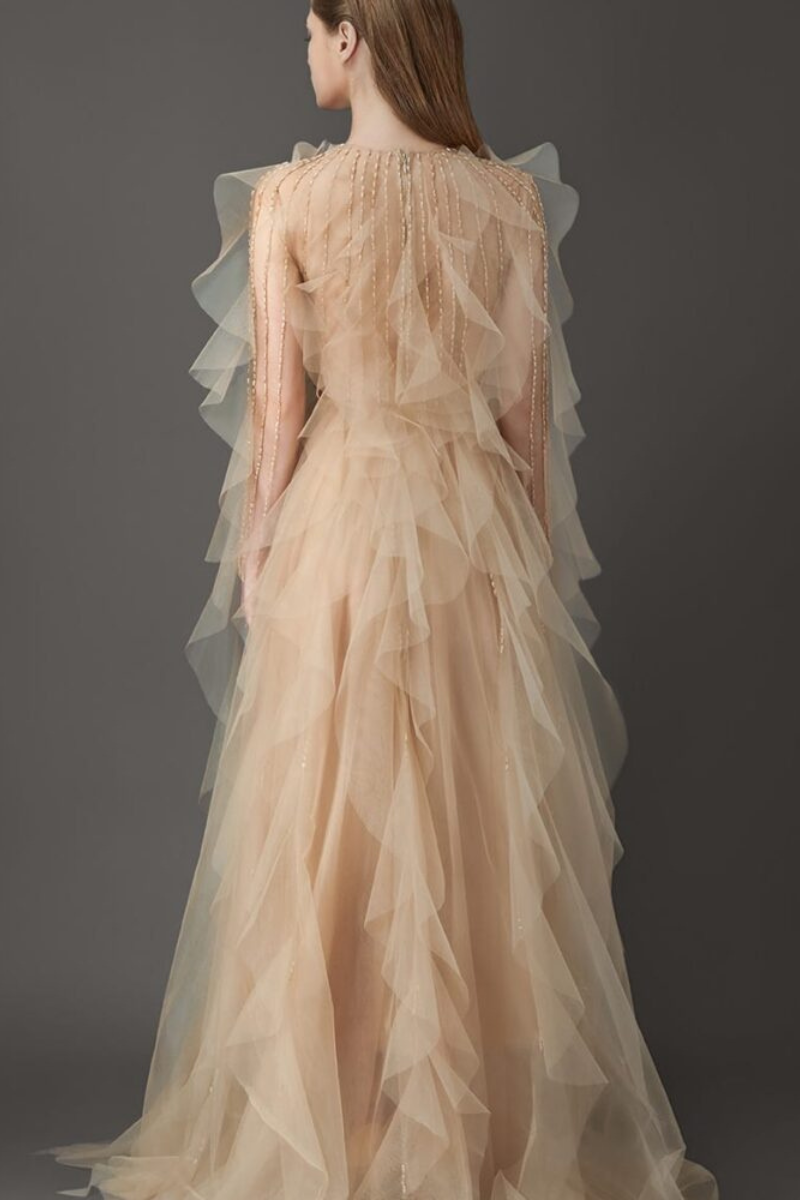 ETHEREAL RUFFLED TULLE GOWN WITH BEADED ELEGANCE - CULT MIA