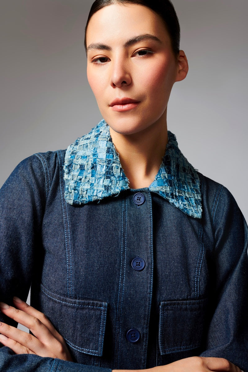 WOVEN COLLAR DENIM JACKET - CULT MIA