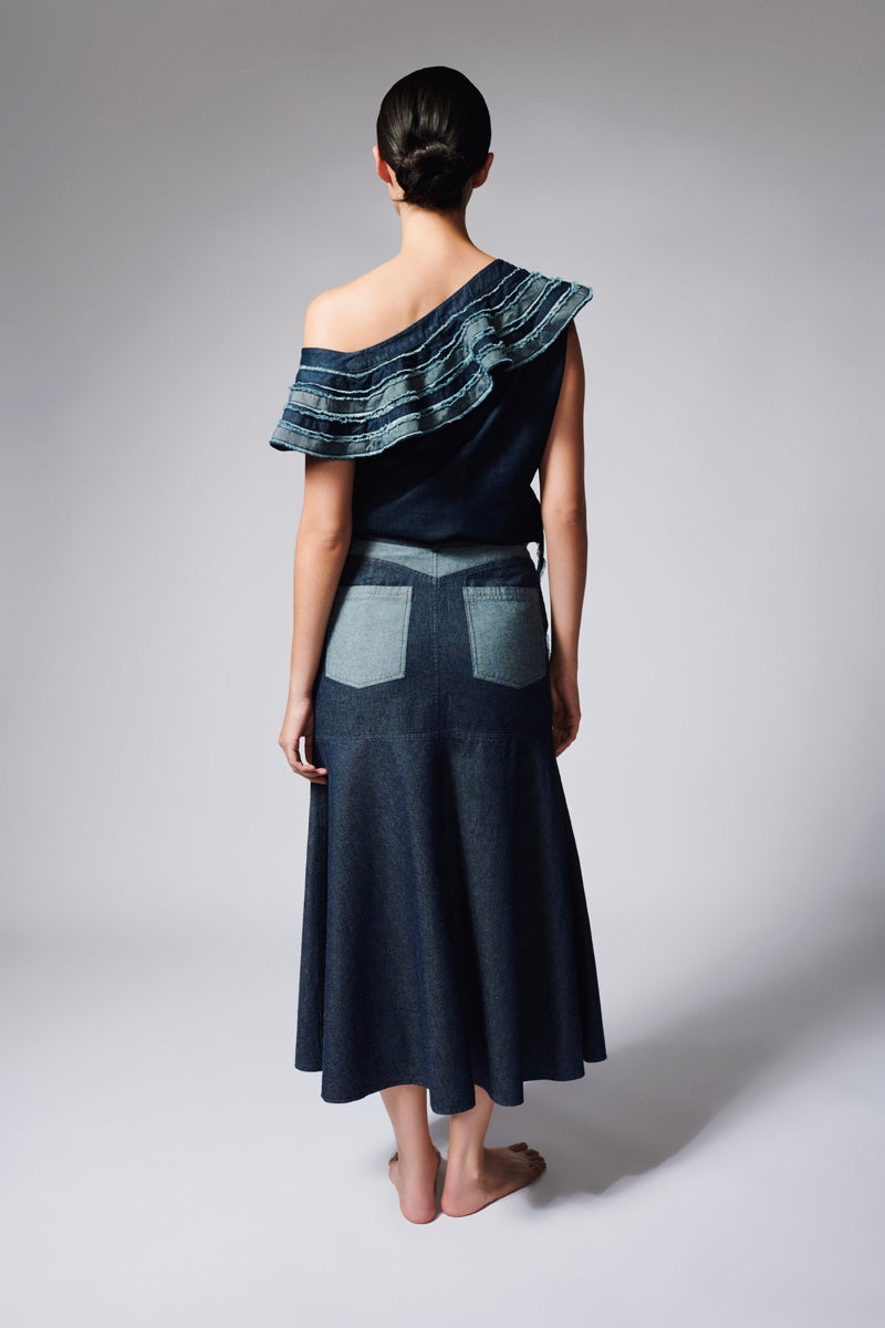 ASYMMETRIC FLAIR DENIM TOP IN BLUE - CULT MIA
