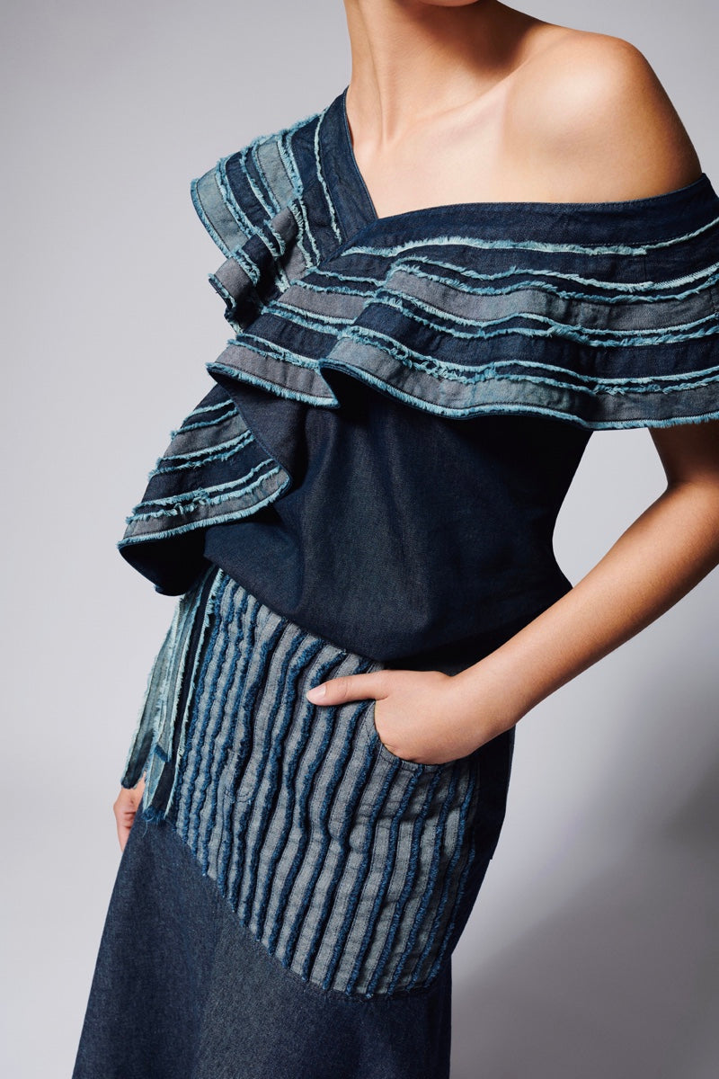 ASYMMETRIC FLAIR DENIM TOP IN BLUE - CULT MIA