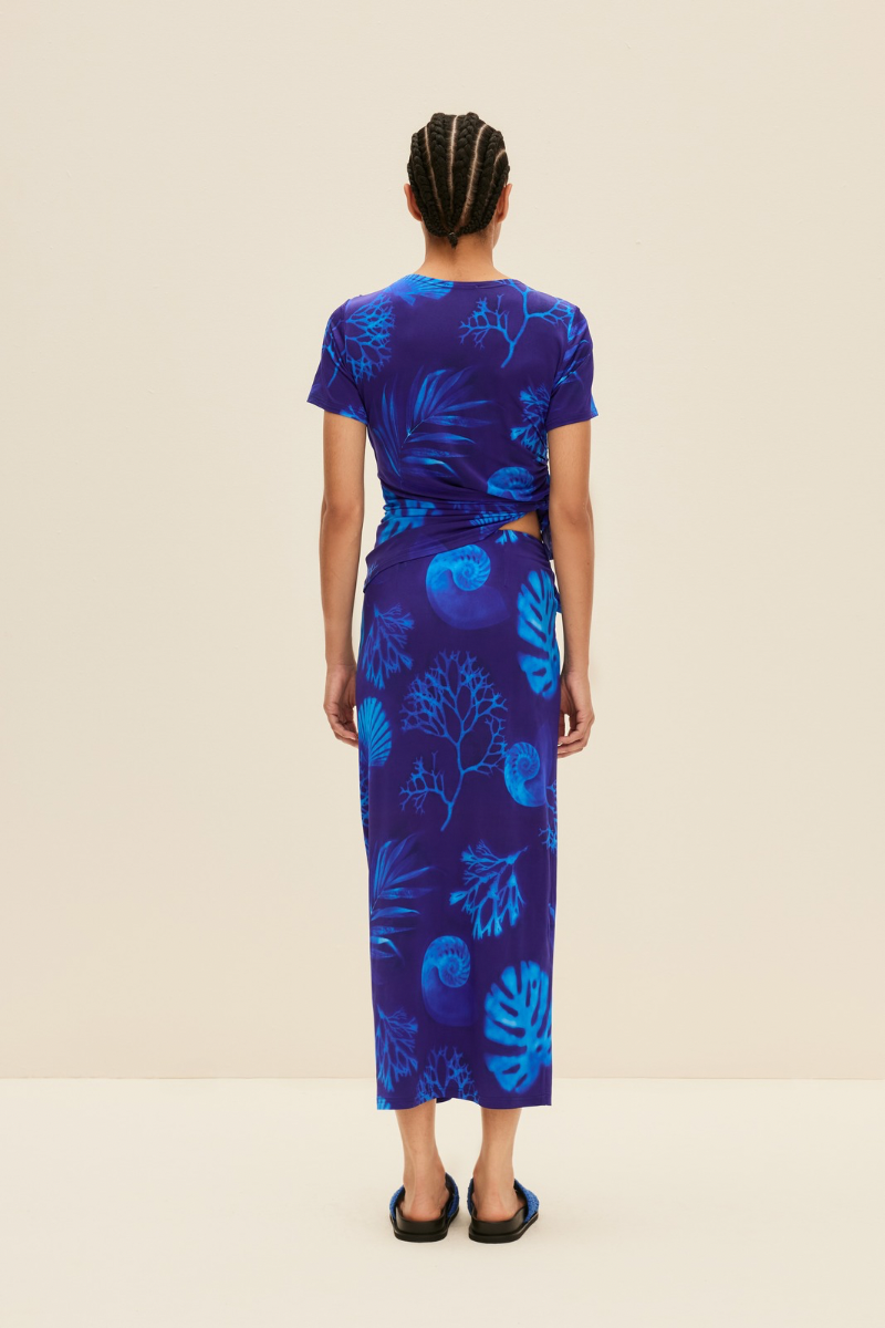 WRAP-STYLE MIDI SKIRT IN CYANOTYPE PRINT - CULT MIA