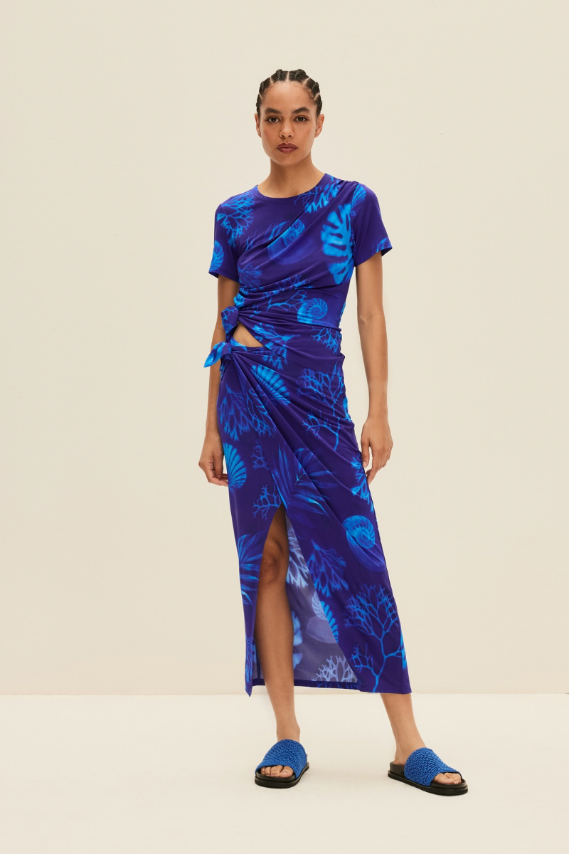 WRAP-STYLE MIDI SKIRT IN CYANOTYPE PRINT - CULT MIA