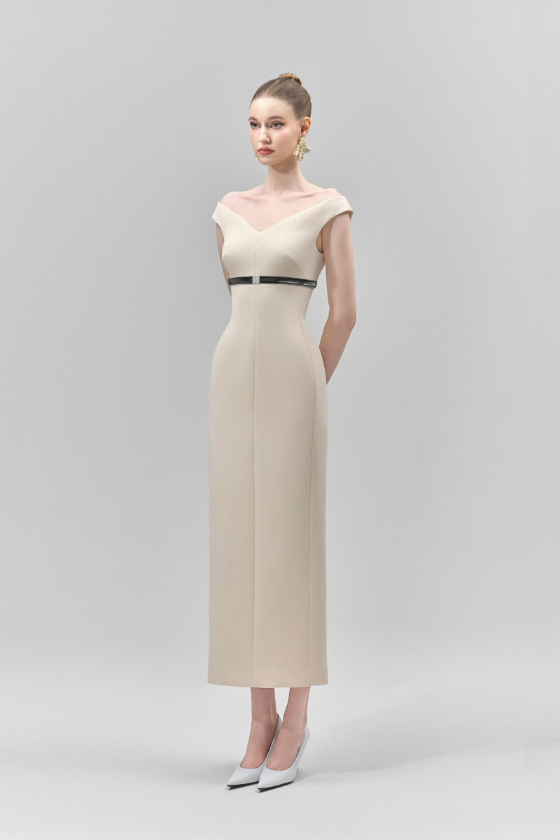 CREAM ISMERA SHEATH OFF-SHOULDER CREPE CALF LENGTH DRESS - CULT MIA