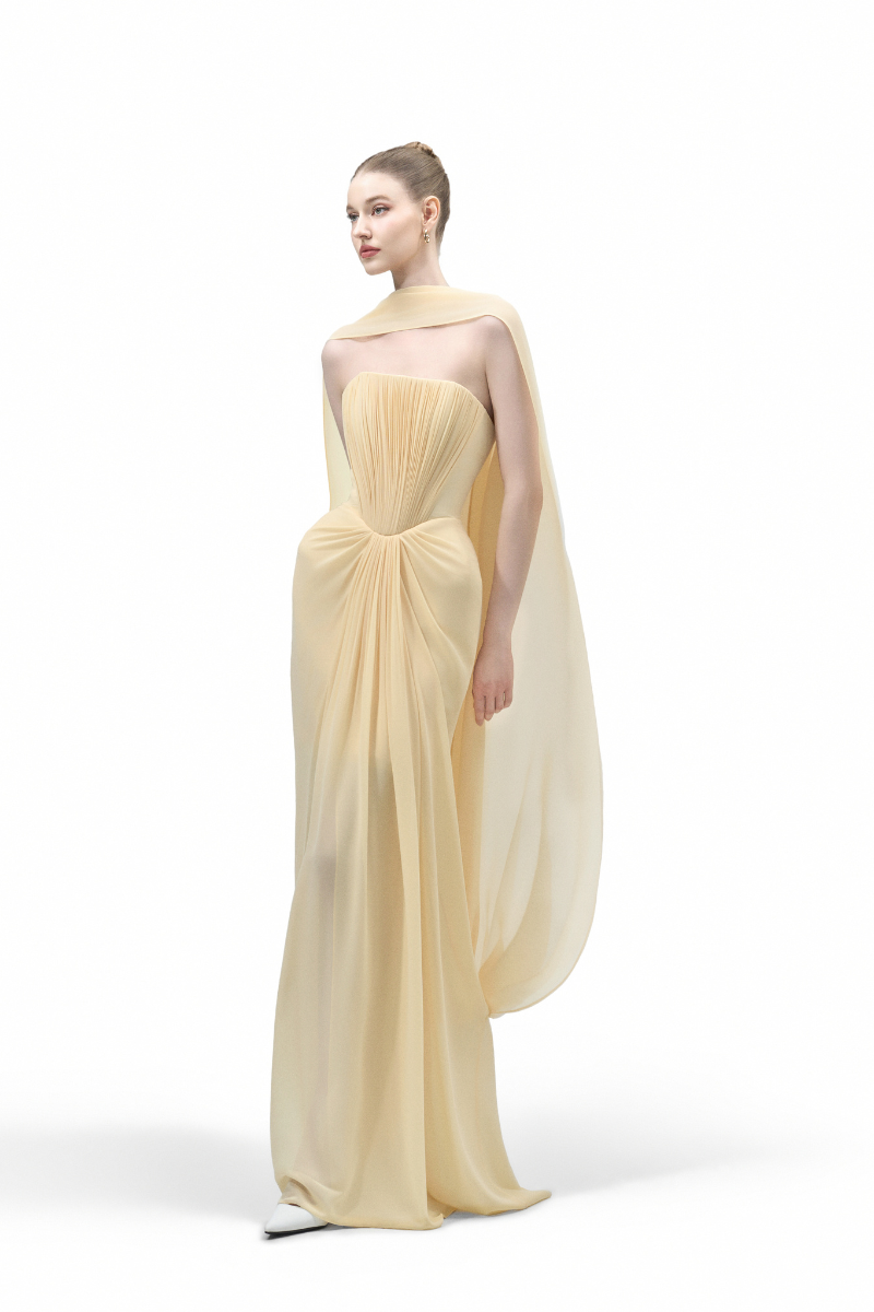YELLOW MARIVELLE SHEATH SCARF NECK CHIFFON FLOOR LENGTH DRESS - CULT MIA