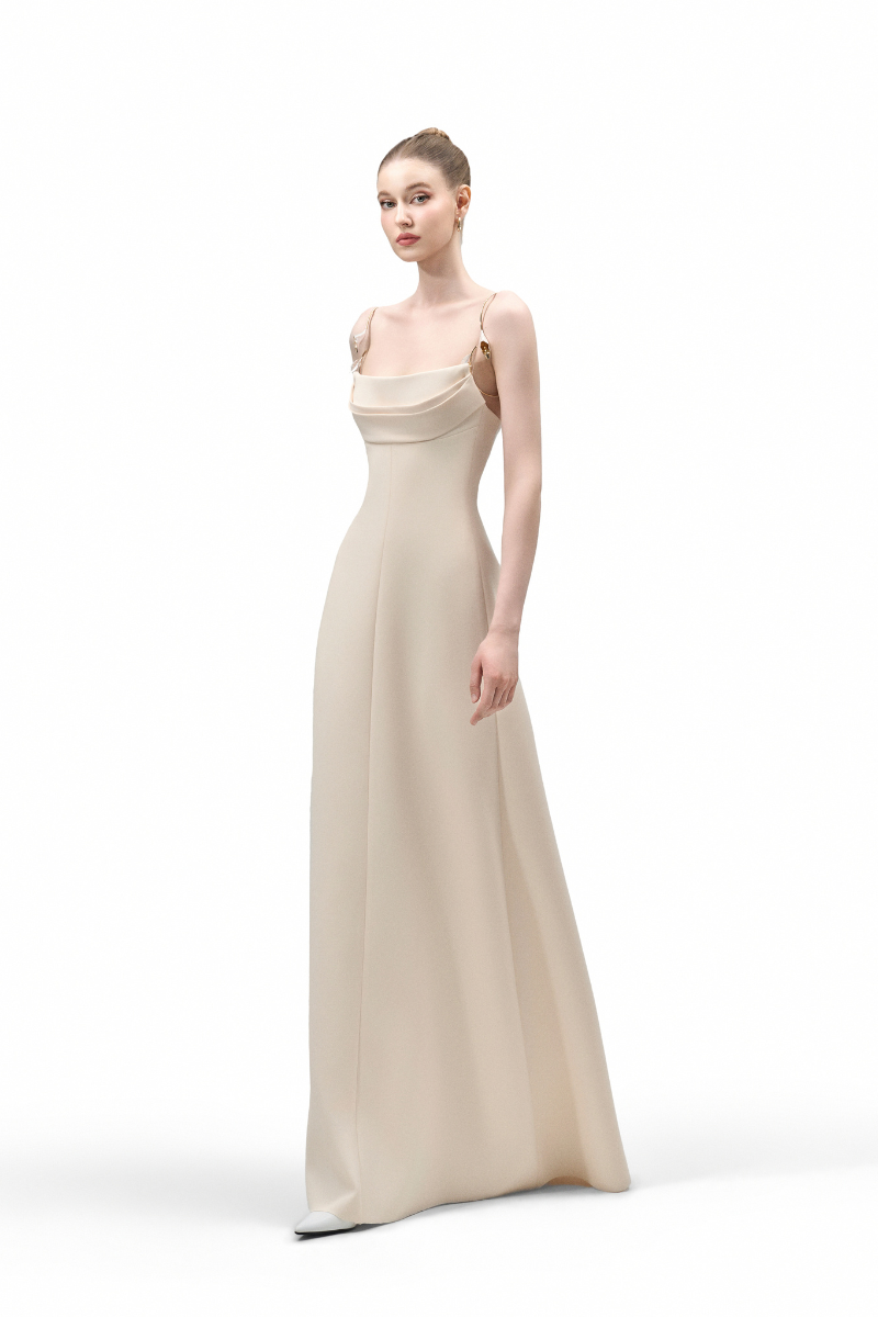 LIRIEN A-LINE COWL NECK CREPE FLOOR LENGTH DRESS - CULT MIA
