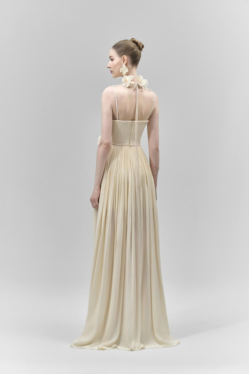 NASIR GATHERED SCOOP NECK TENCEL FLOOR LENGTH DRESS IN CREAM - CULT MIA
